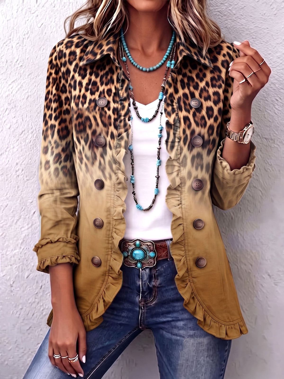 Azari | Leopard Ombre Ruffle Blazer Jacket